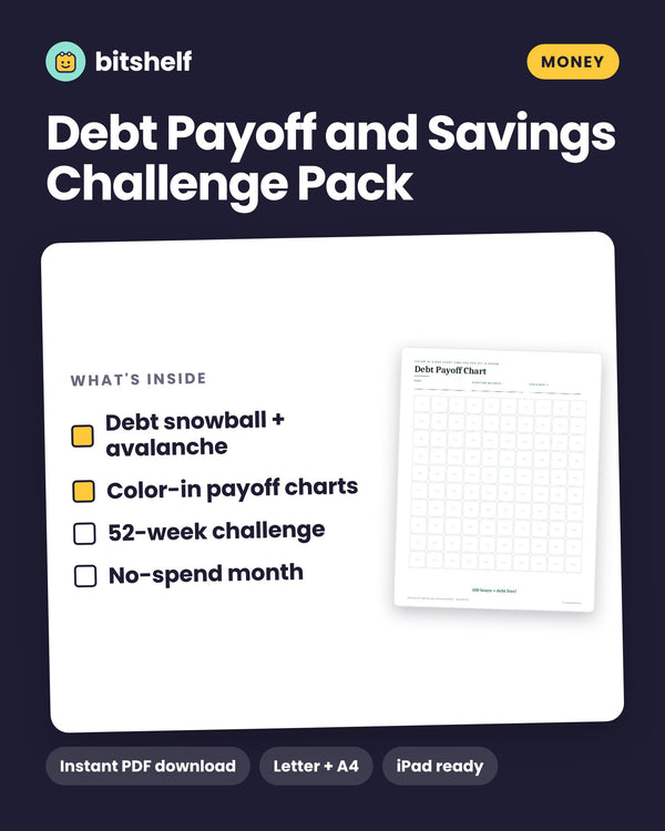 Debt Payoff and Savings Challenge Pack printable cover by Bitshelf
