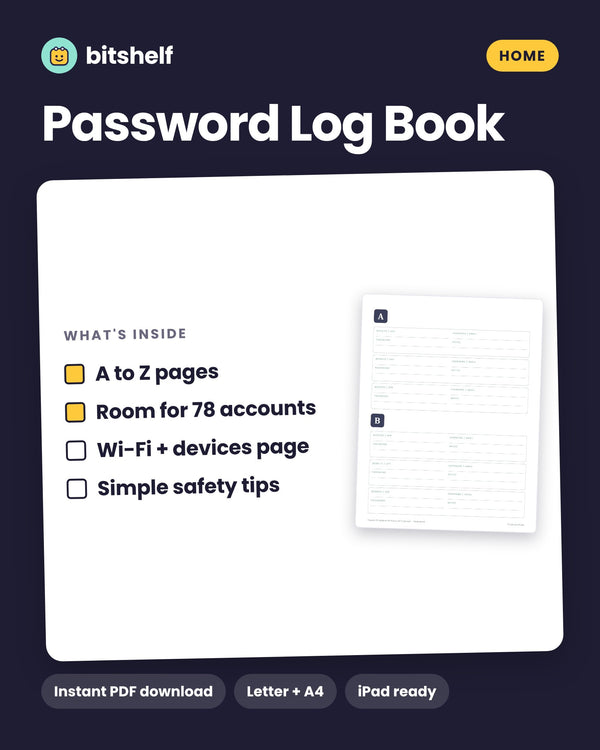 Password Log Book and Account Organizer printable cover by Bitshelf