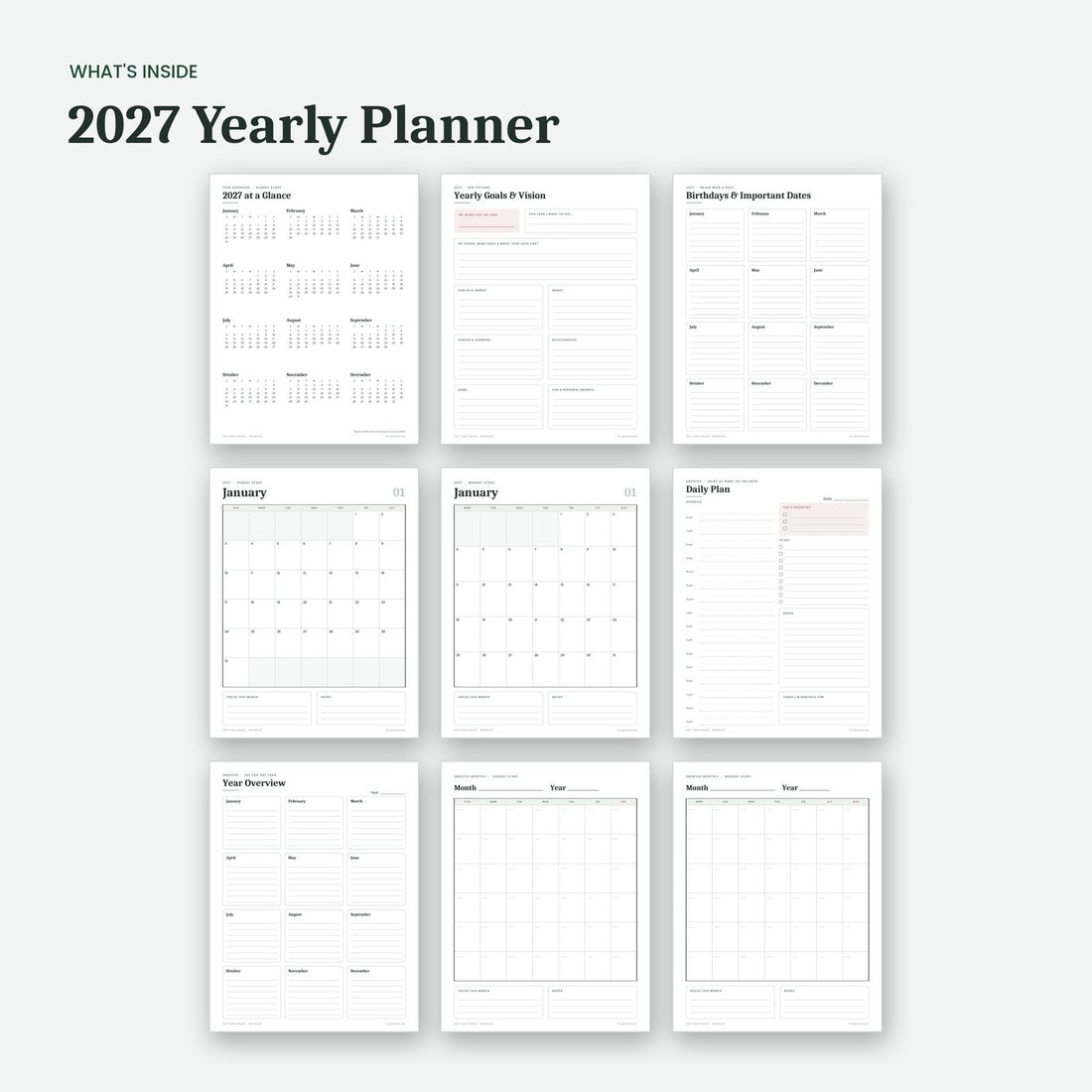 What's inside the 2027 Yearly Planner: sample pages
