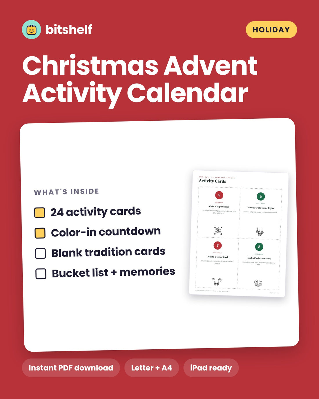 Christmas Advent Activity Calendar printable cover by Bitshelf
