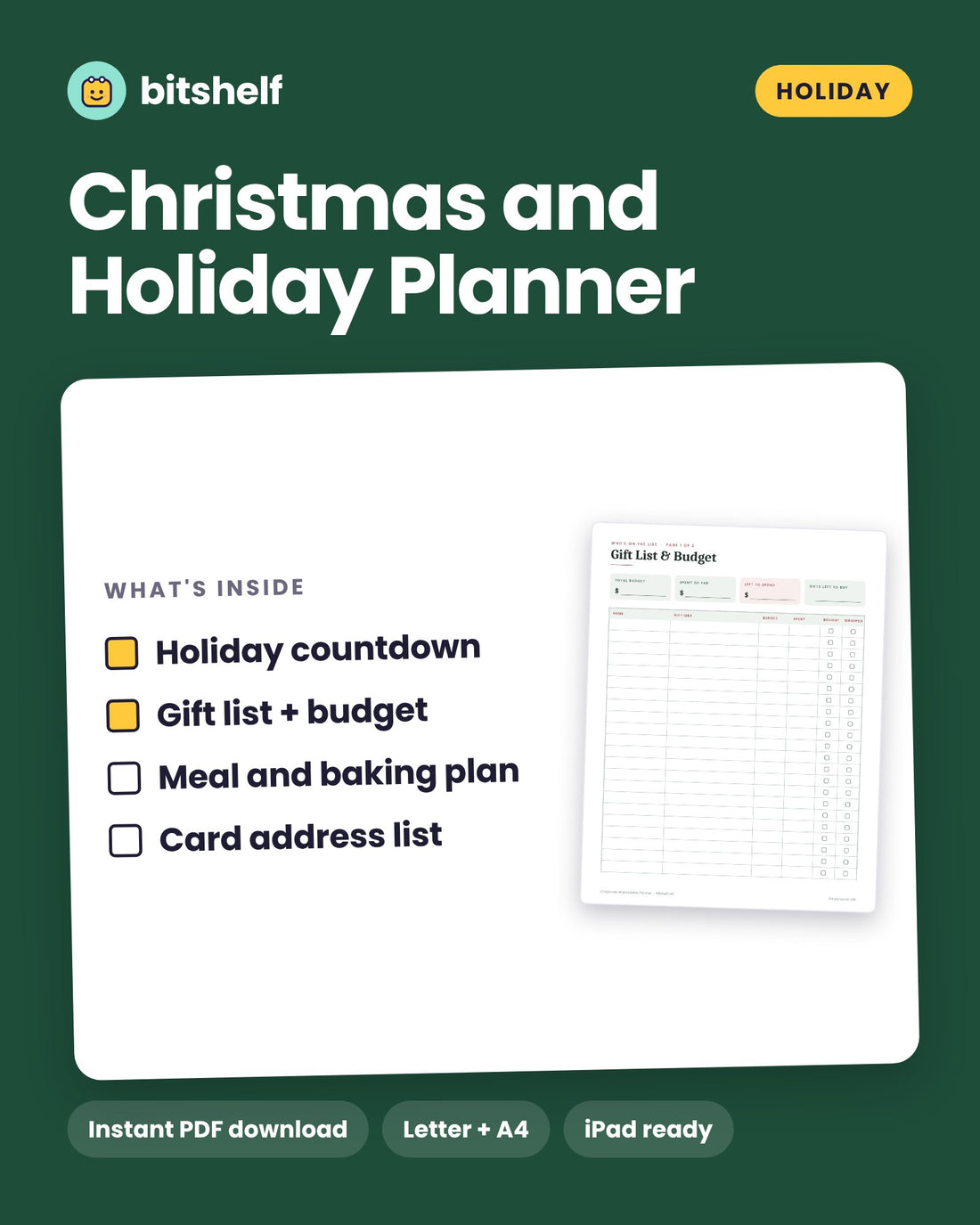 Christmas and Holiday Planner printable cover by Bitshelf