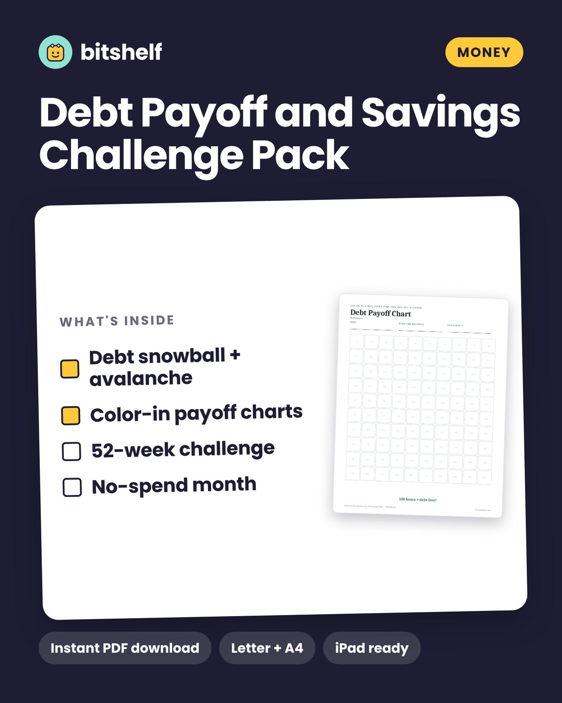 Debt Payoff and Savings Challenge Pack printable cover by Bitshelf