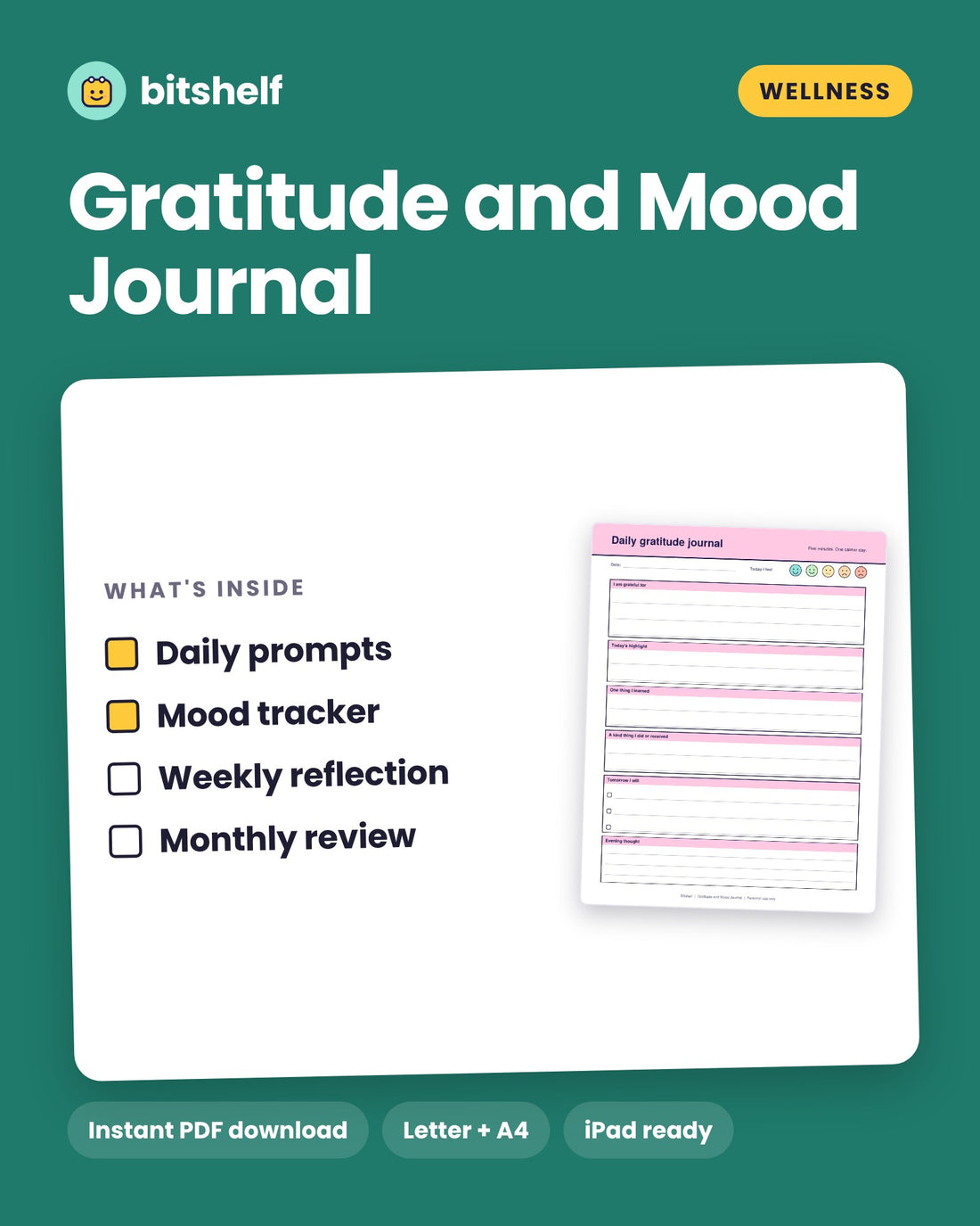 Gratitude and Mood Journal printable cover by Bitshelf