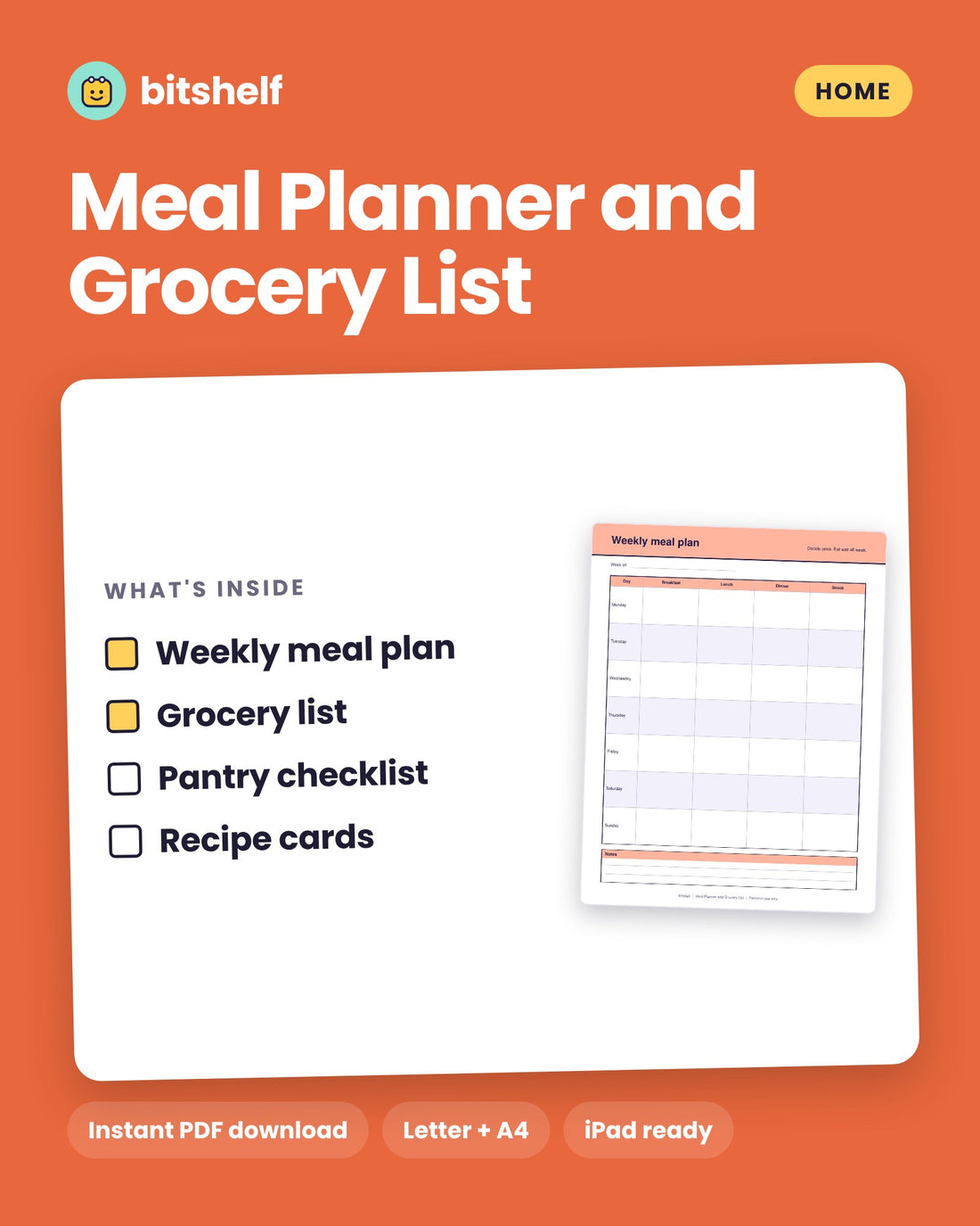Meal Planner and Grocery List printable cover by Bitshelf