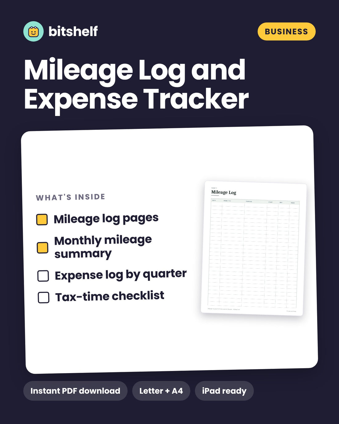 Mileage Log and Business Expense Tracker printable cover by Bitshelf