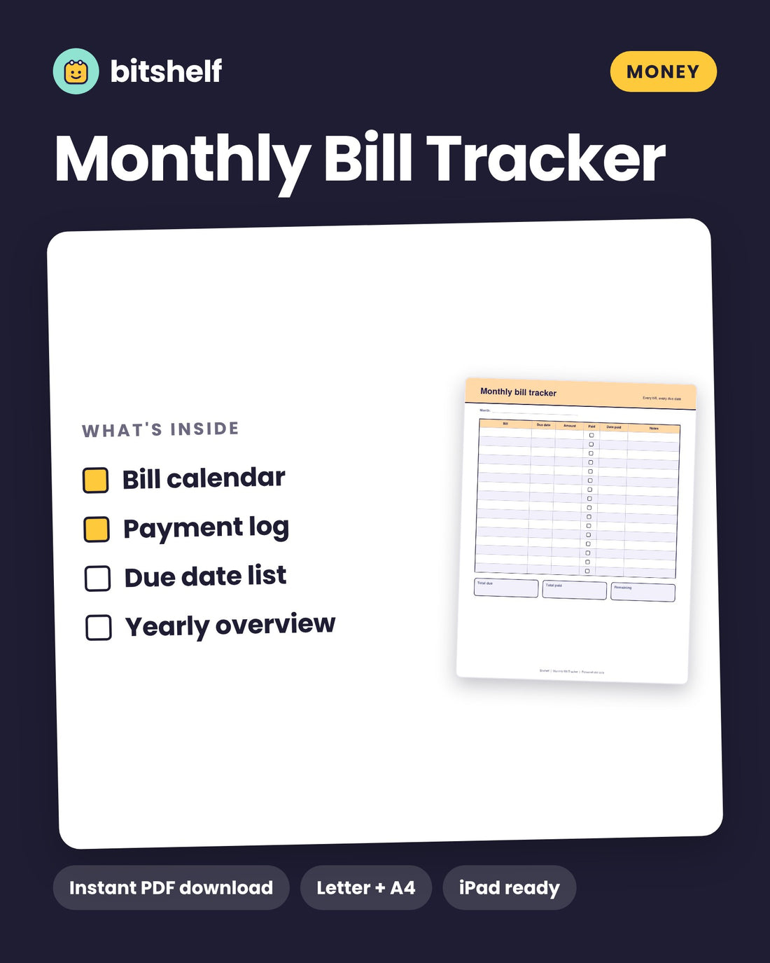 Monthly Bill Tracker printable cover by Bitshelf