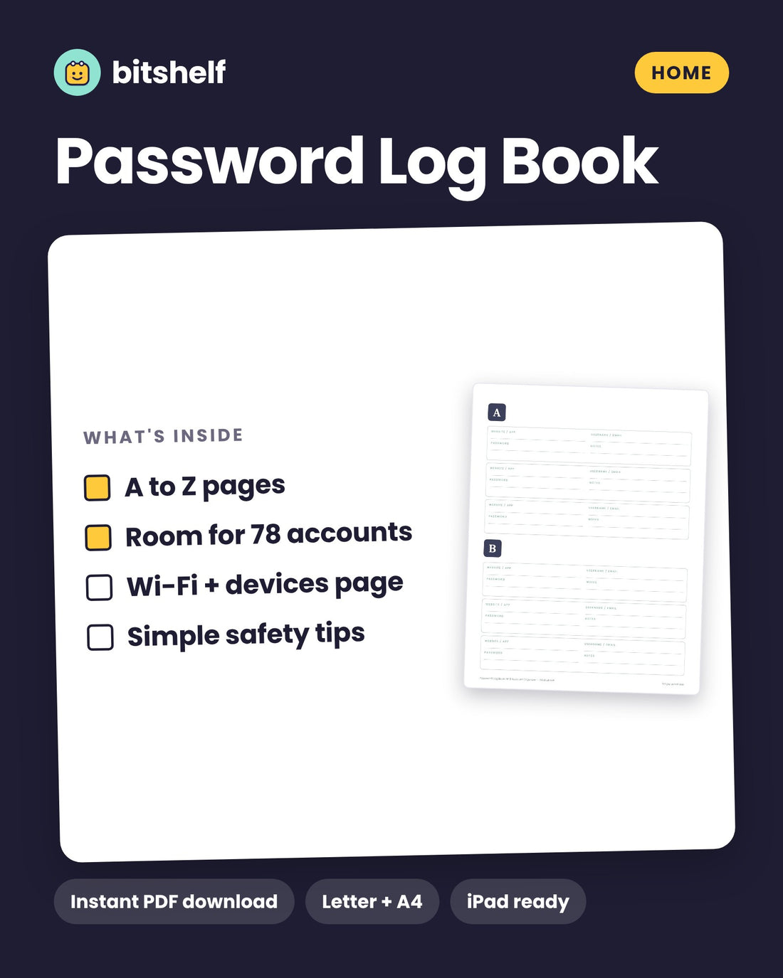 Password Log Book and Account Organizer printable cover by Bitshelf