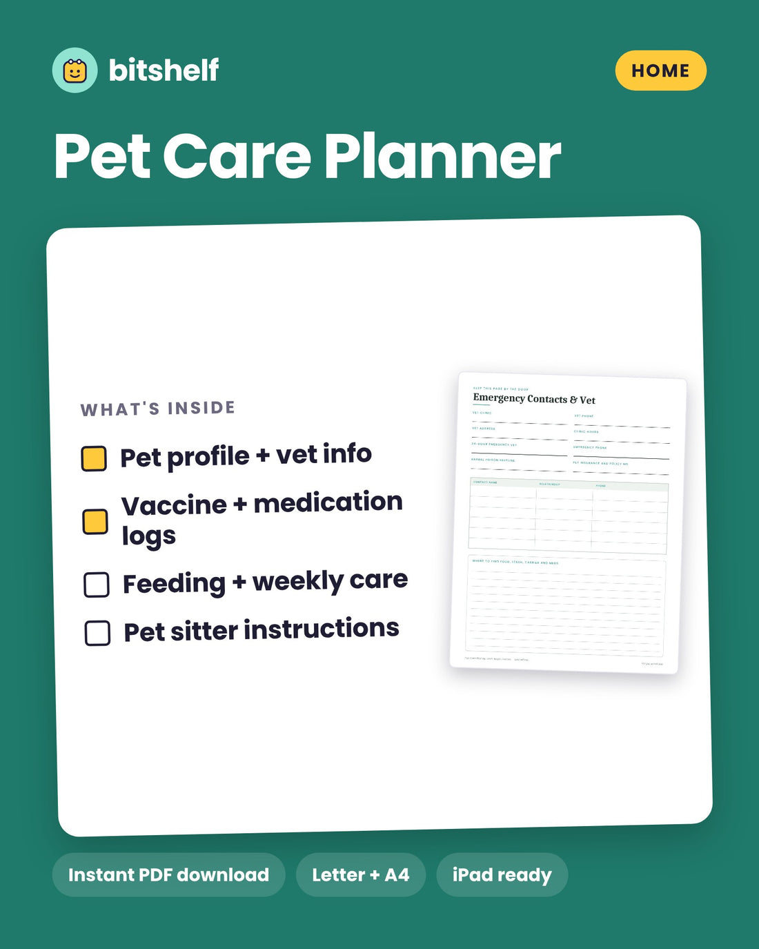 Pet Care Planner and Health Record printable cover by Bitshelf