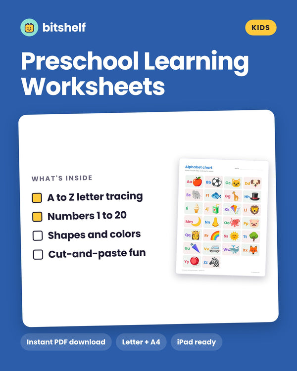 Preschool Learning Worksheets printable cover by Bitshelf