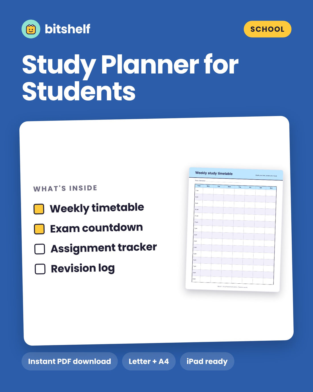 Study Planner for Students printable cover by Bitshelf