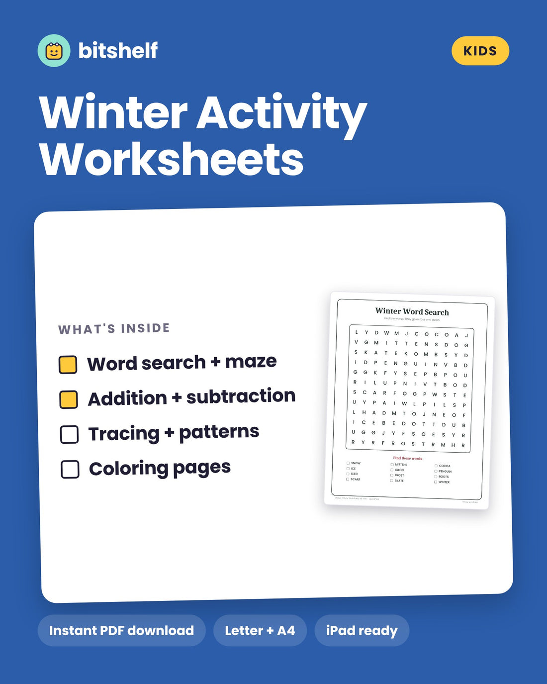 Winter Activity Worksheets for Kids printable cover by Bitshelf