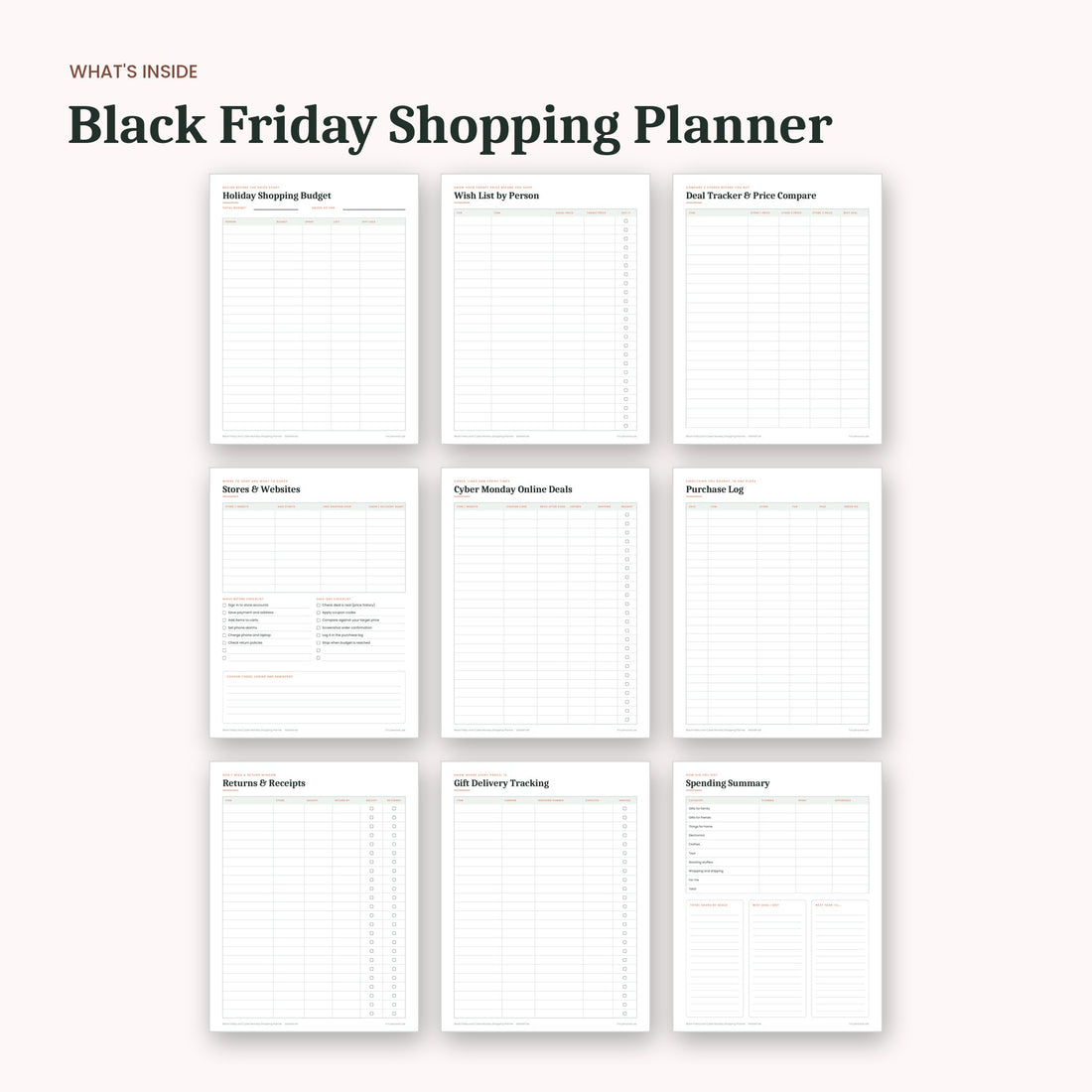 What's inside the Black Friday and Cyber Monday Shopping Planner: sample pages