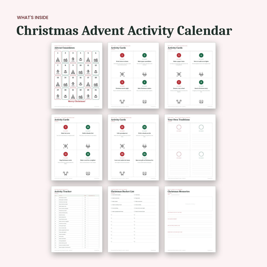 What's inside the Christmas Advent Activity Calendar: sample pages
