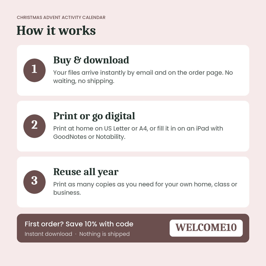 How the Christmas Advent Activity Calendar instant download works