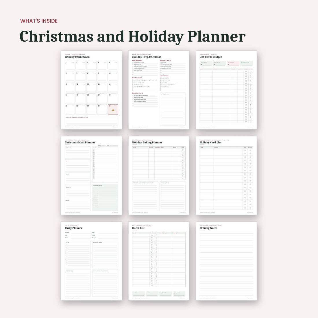 What's inside the Christmas and Holiday Planner: sample pages
