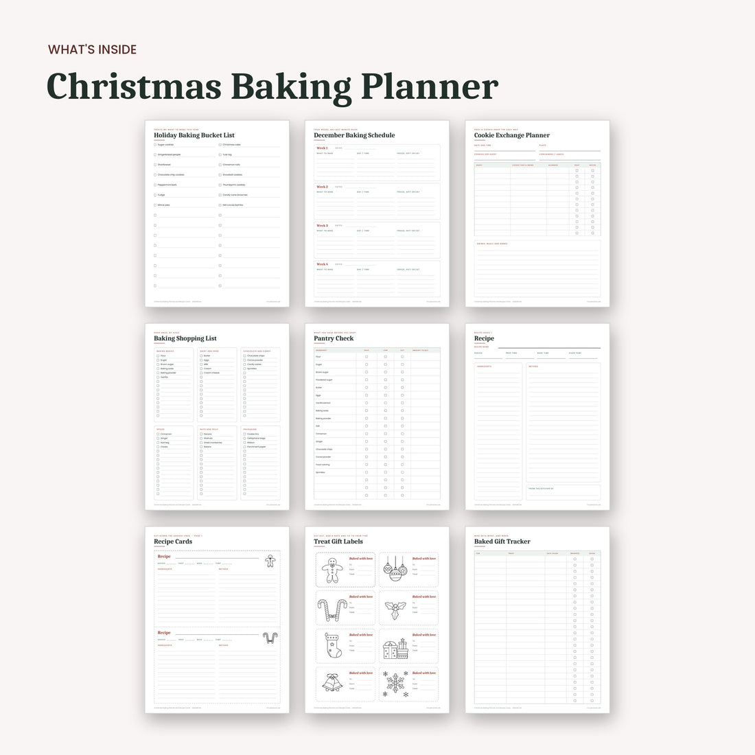 What's inside the Christmas Baking Planner and Recipe Cards: sample pages