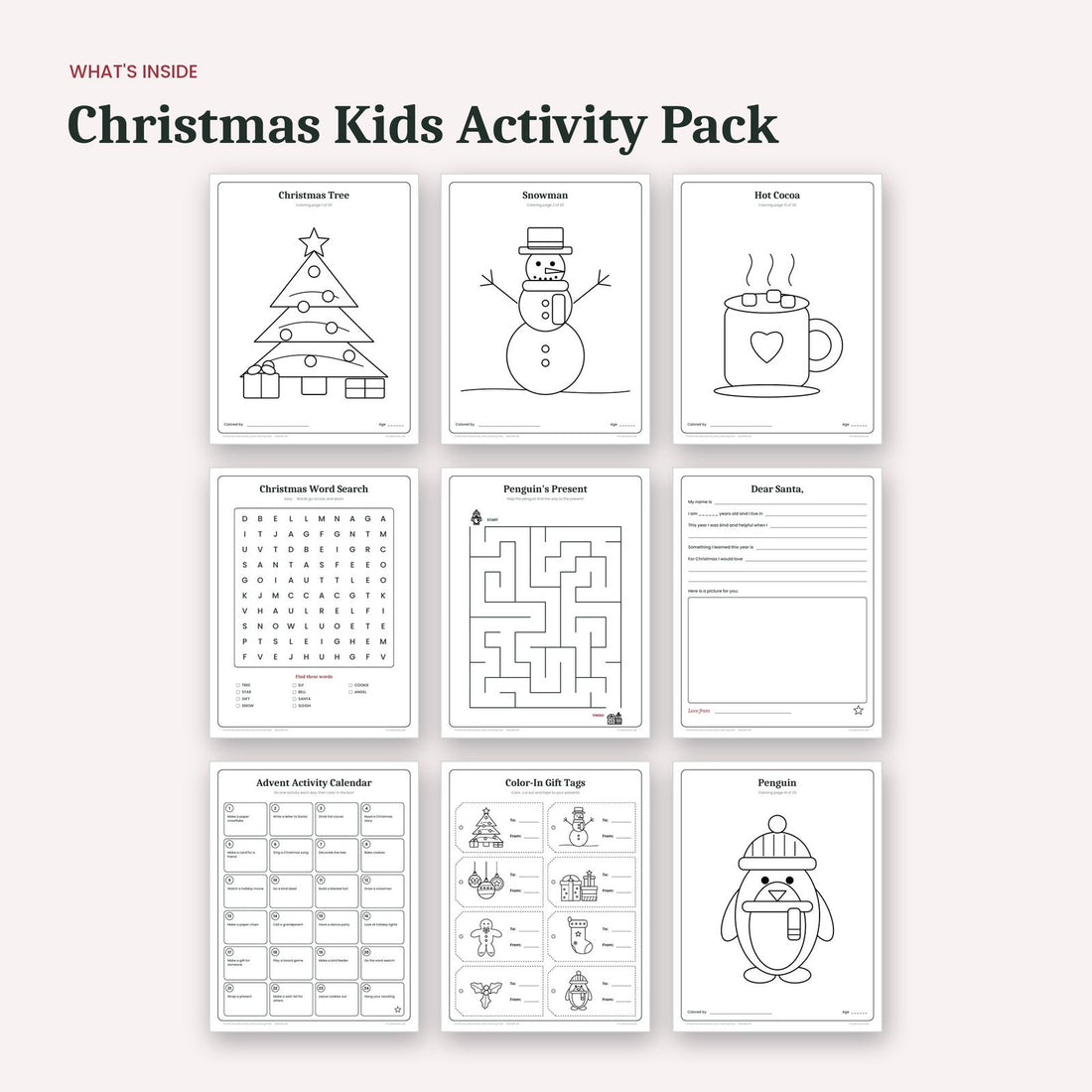 What's inside the Christmas Kids Activity and Coloring Pack: sample pages