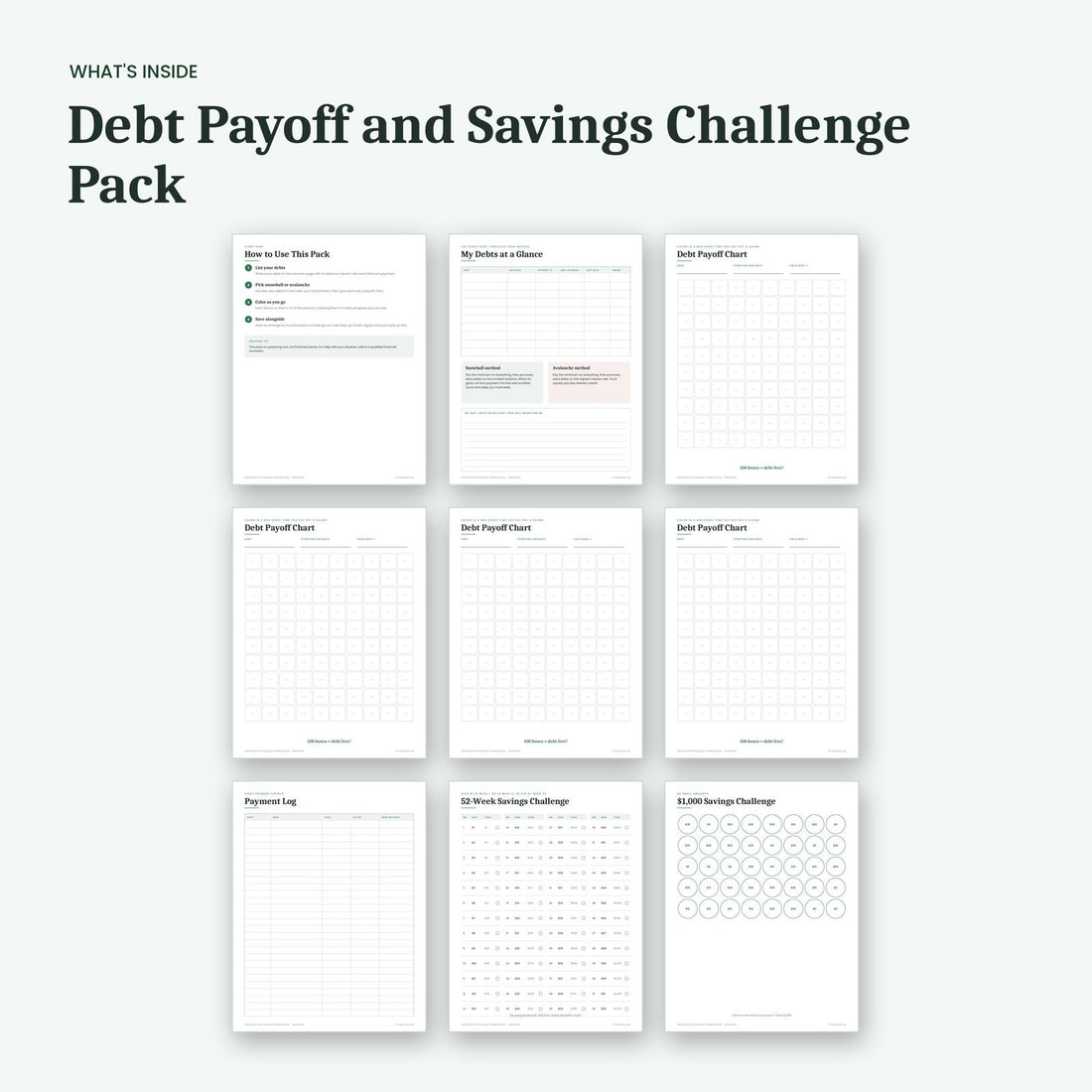 What's inside the Debt Payoff and Savings Challenge Pack: sample pages