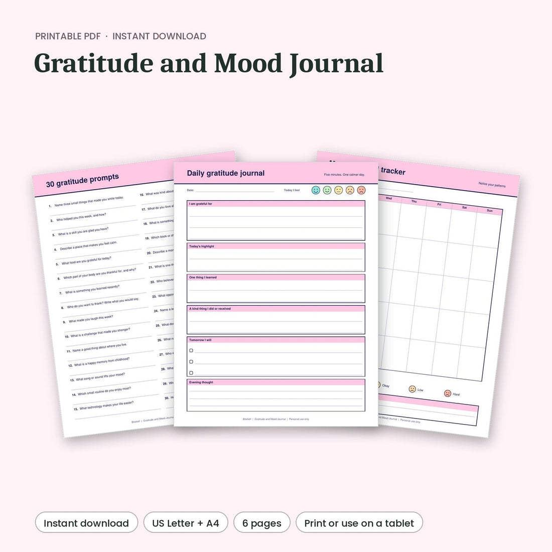 Gratitude and Mood Journal printable pages preview