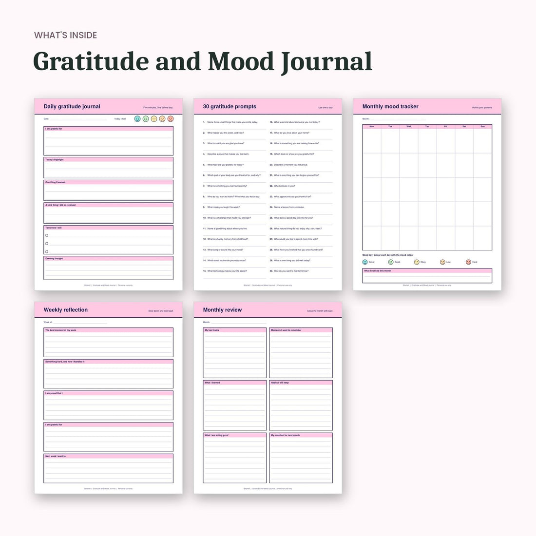 What's inside the Gratitude and Mood Journal: sample pages
