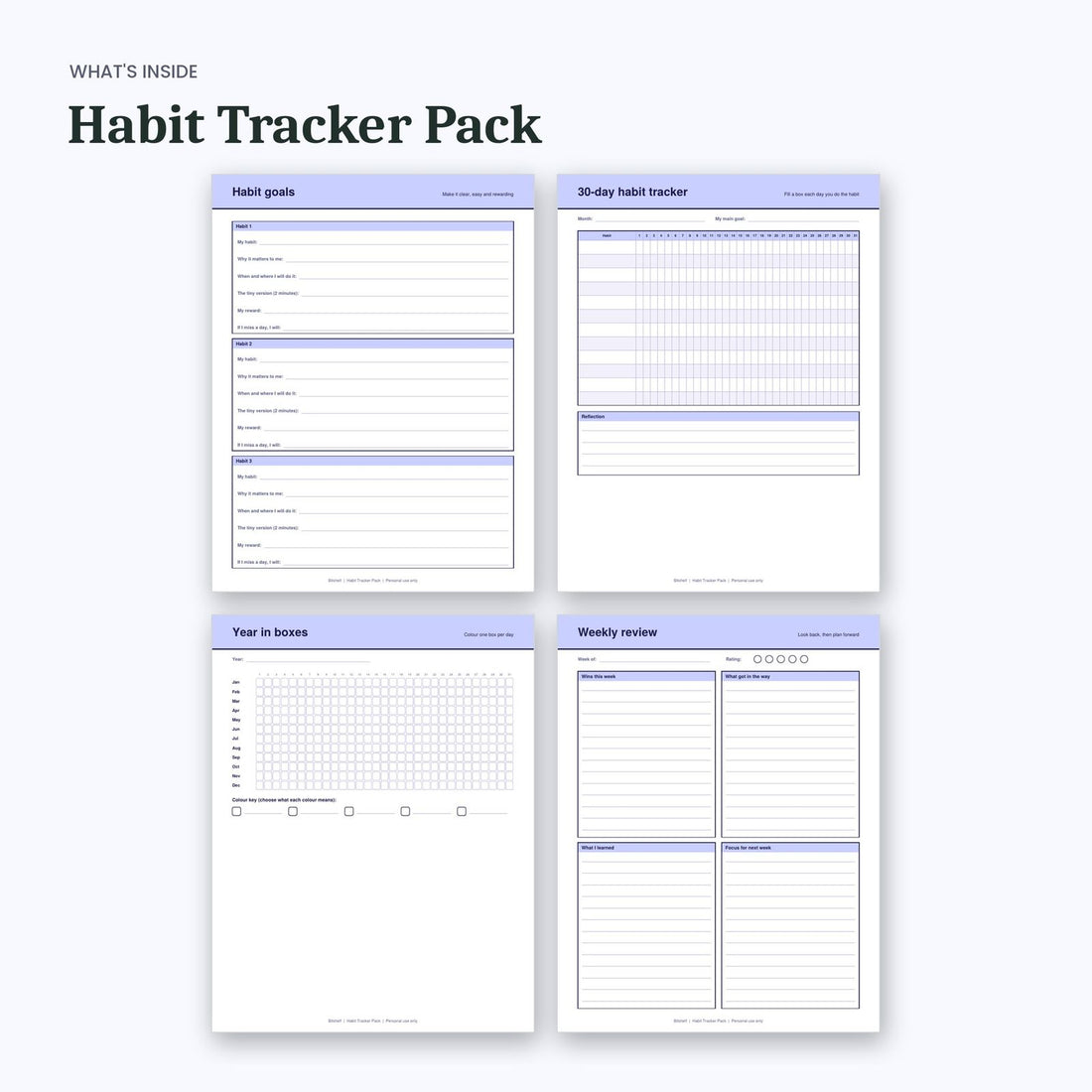 What's inside the Habit Tracker Pack: sample pages