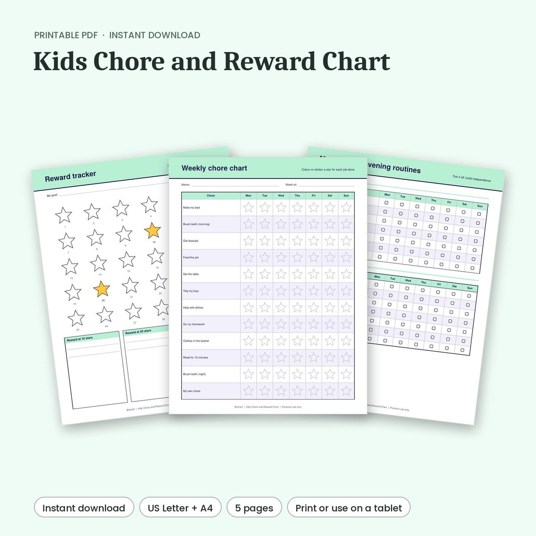Kids Chore and Reward Chart printable pages preview