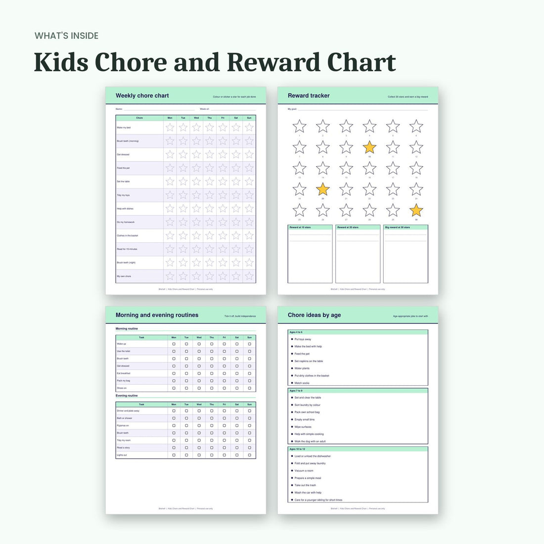 What's inside the Kids Chore and Reward Chart: sample pages