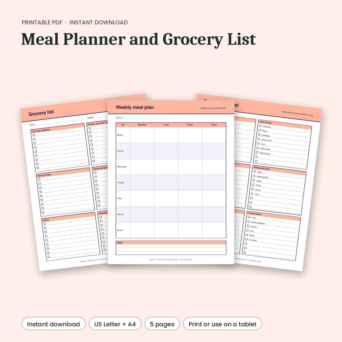 Meal Planner and Grocery List printable pages preview