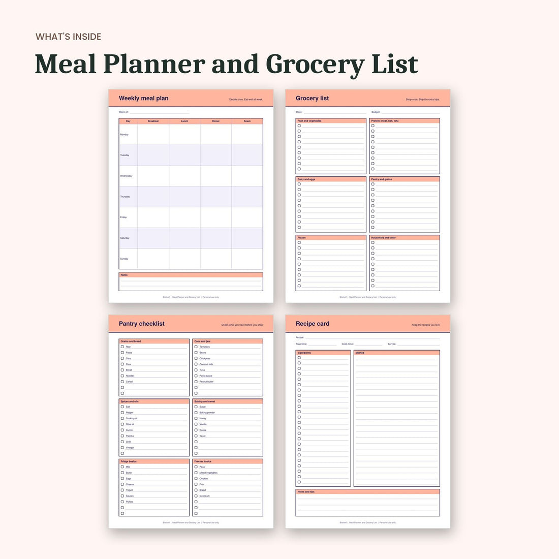 What's inside the Meal Planner and Grocery List: sample pages