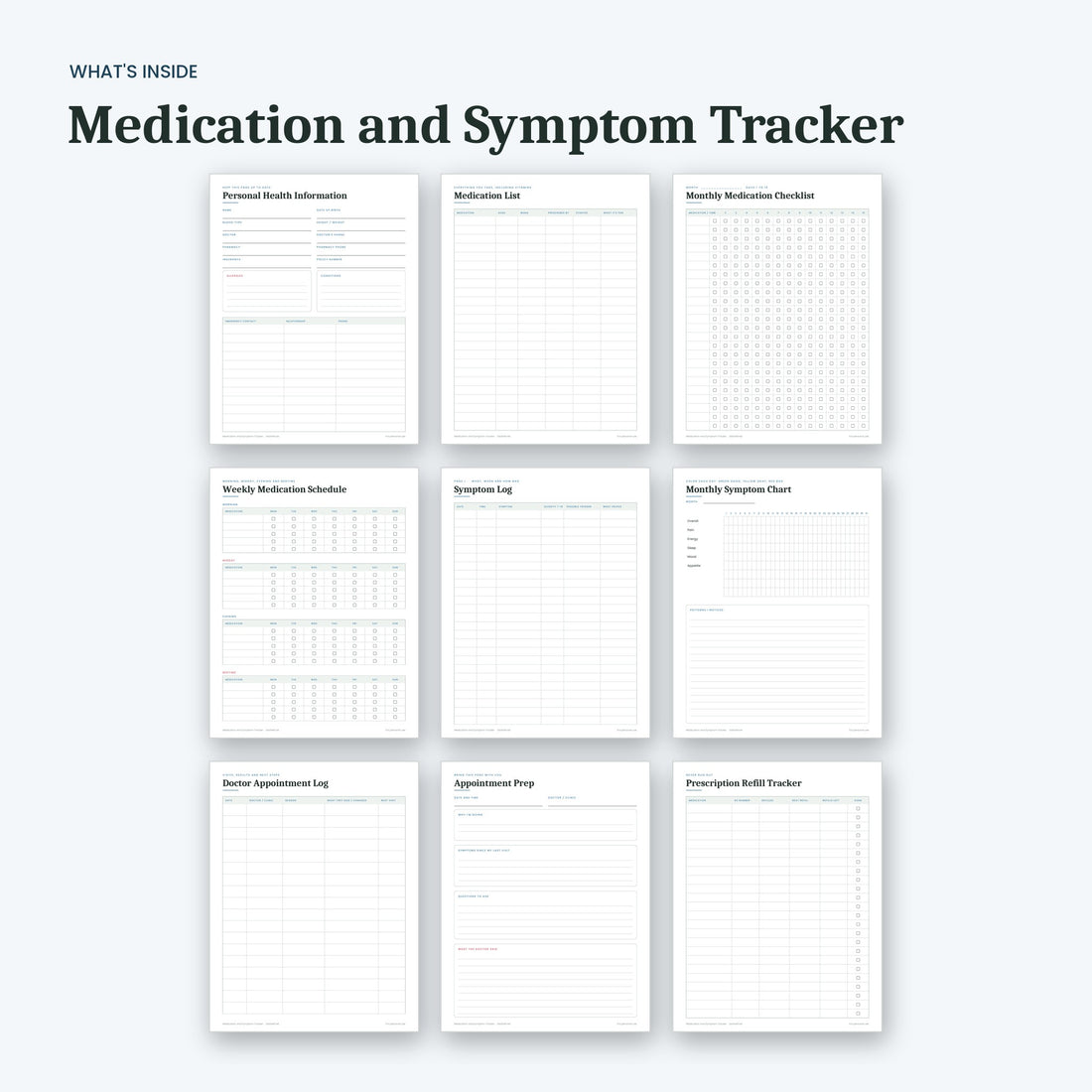 What's inside the Medication and Symptom Tracker: sample pages