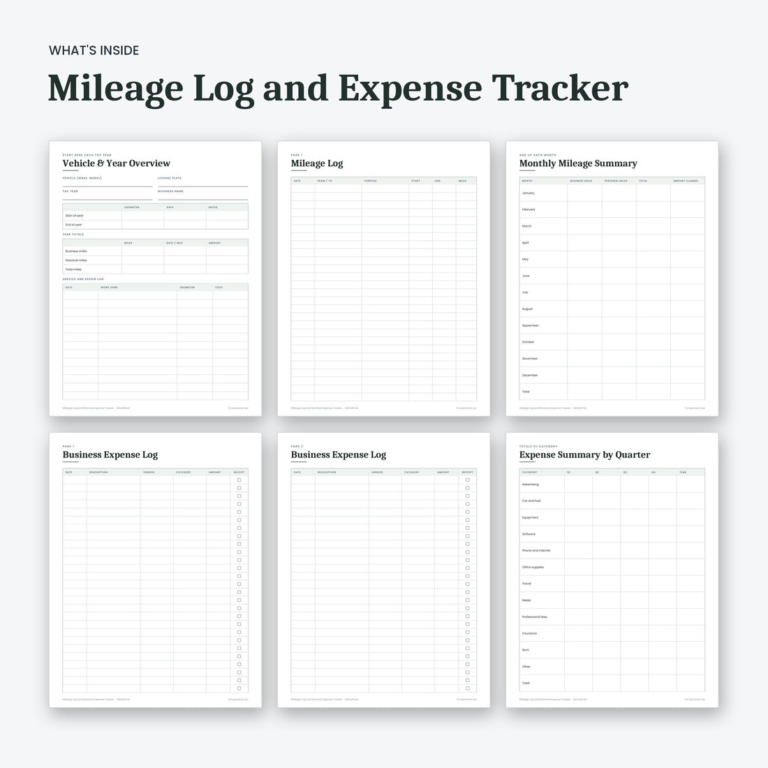 What's inside the Mileage Log and Business Expense Tracker: sample pages