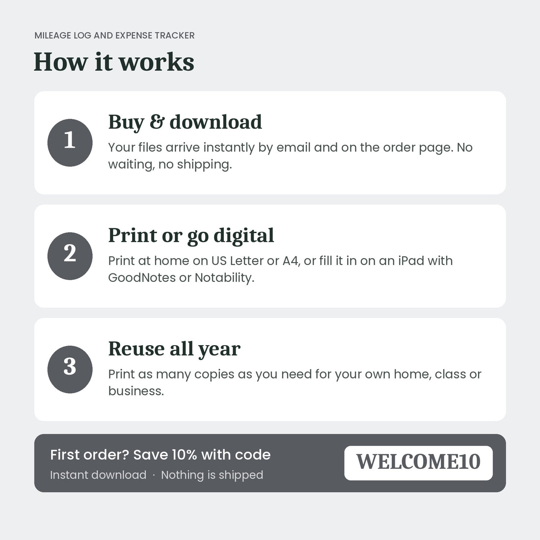 How the Mileage Log and Business Expense Tracker instant download works