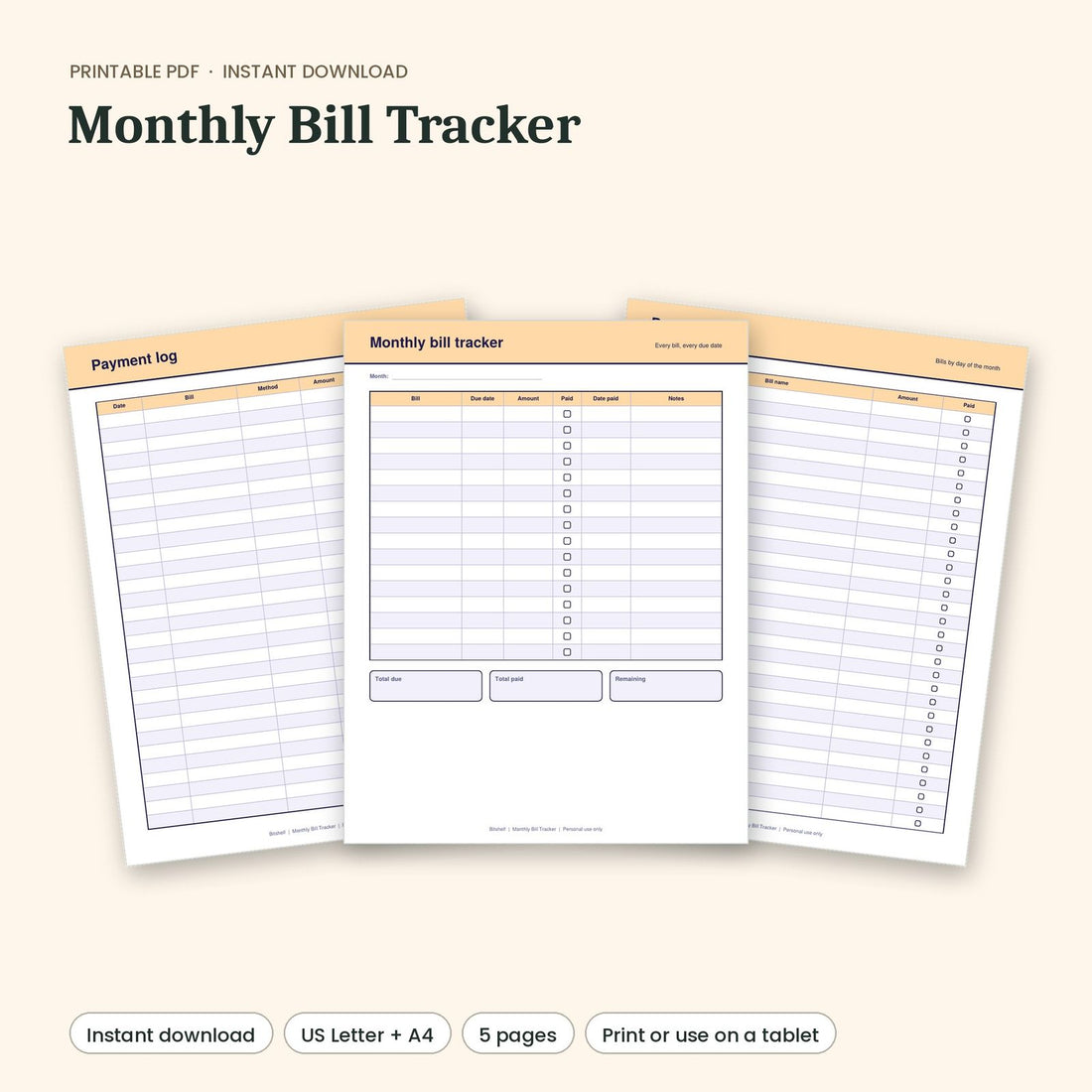 Monthly Bill Tracker printable pages preview