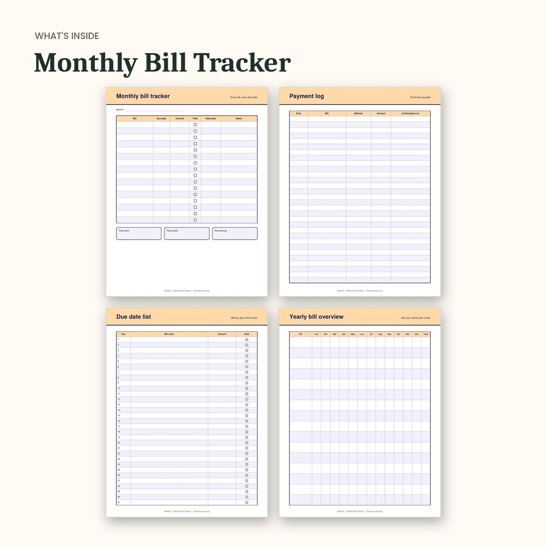 What's inside the Monthly Bill Tracker: sample pages