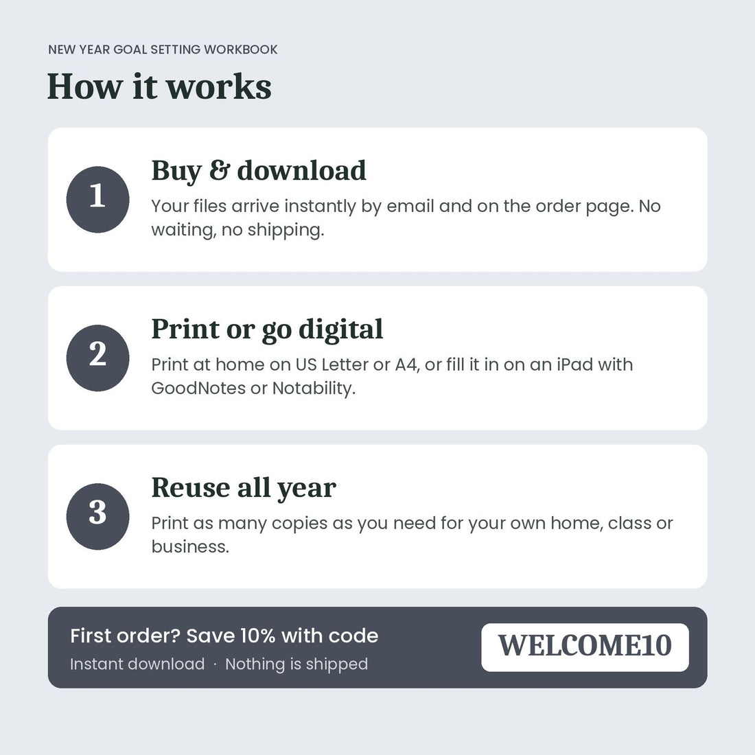 How the New Year Goal Setting Workbook instant download works