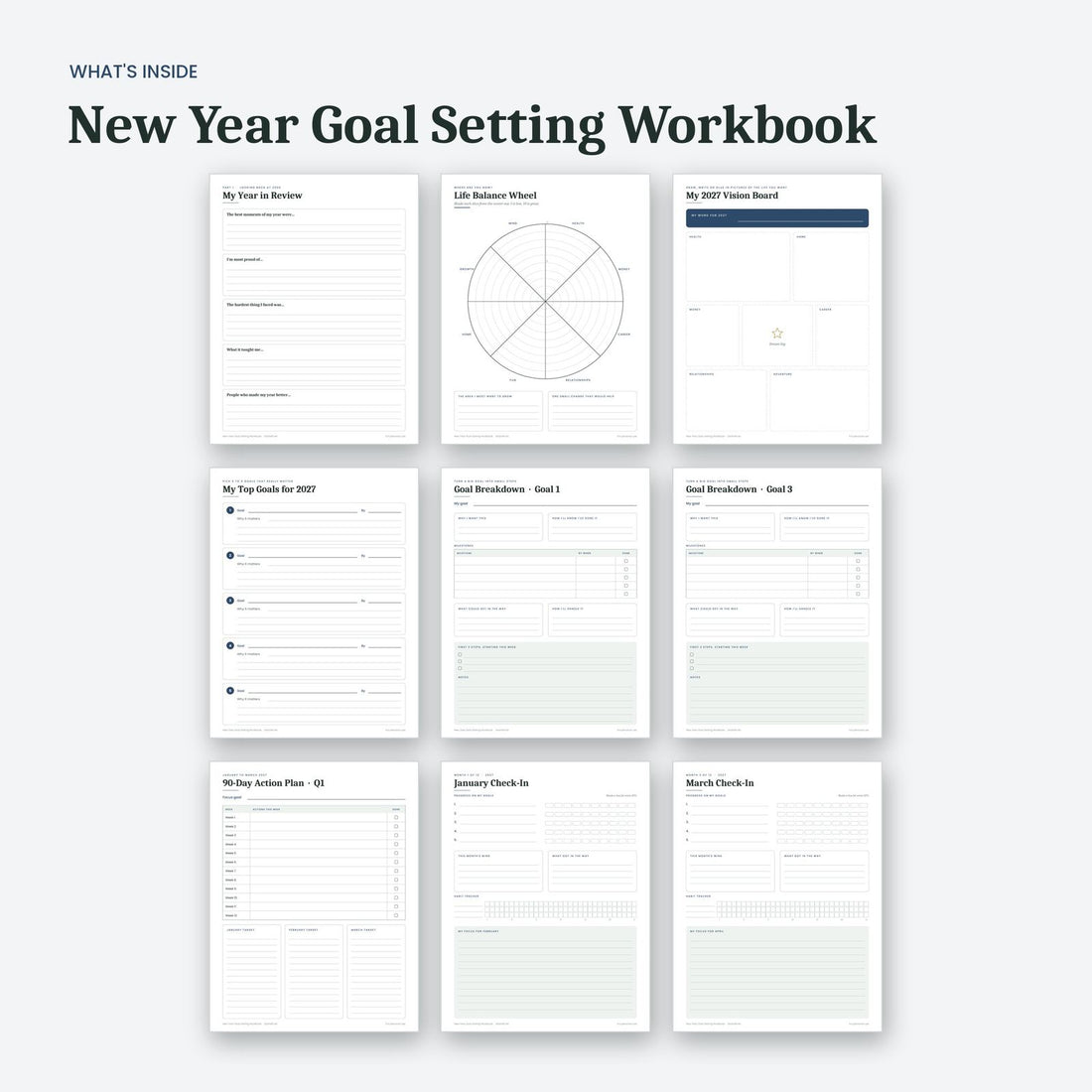 What's inside the New Year Goal Setting Workbook: sample pages