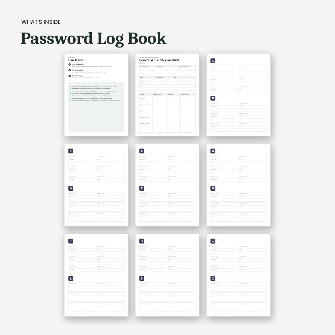 What's inside the Password Log Book and Account Organizer: sample pages