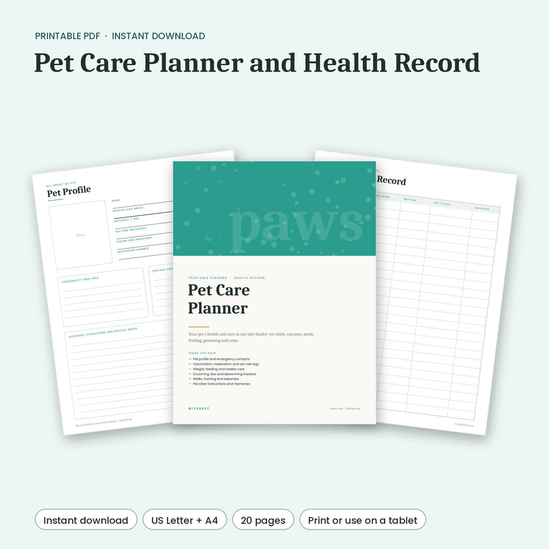 Pet Care Planner and Health Record printable preview