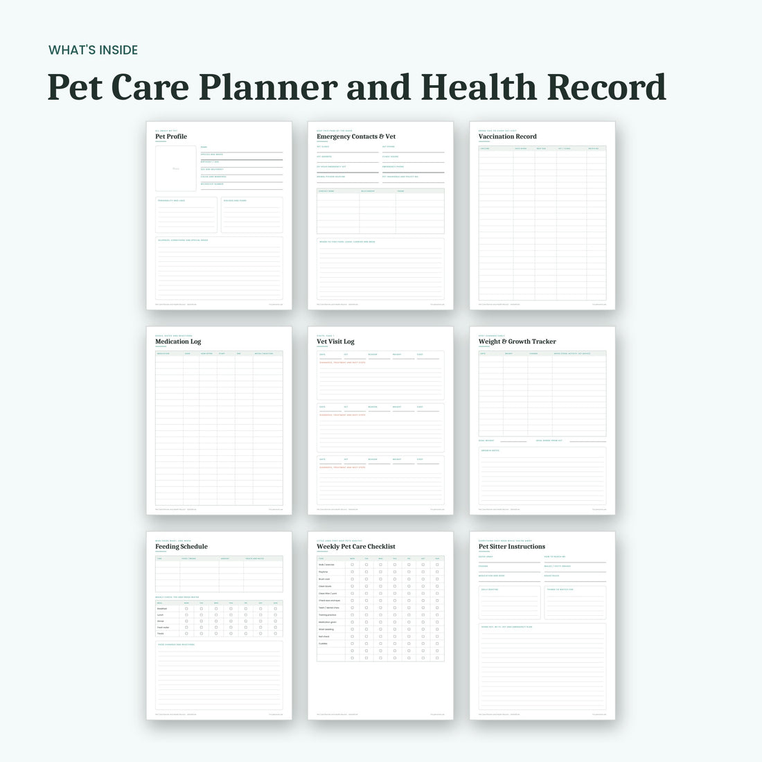 What's inside the Pet Care Planner and Health Record: sample pages