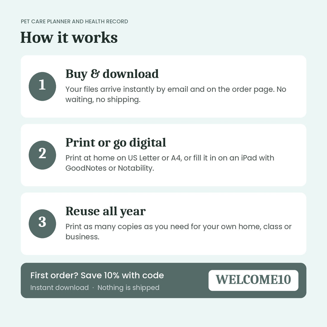 How the Pet Care Planner and Health Record instant download works