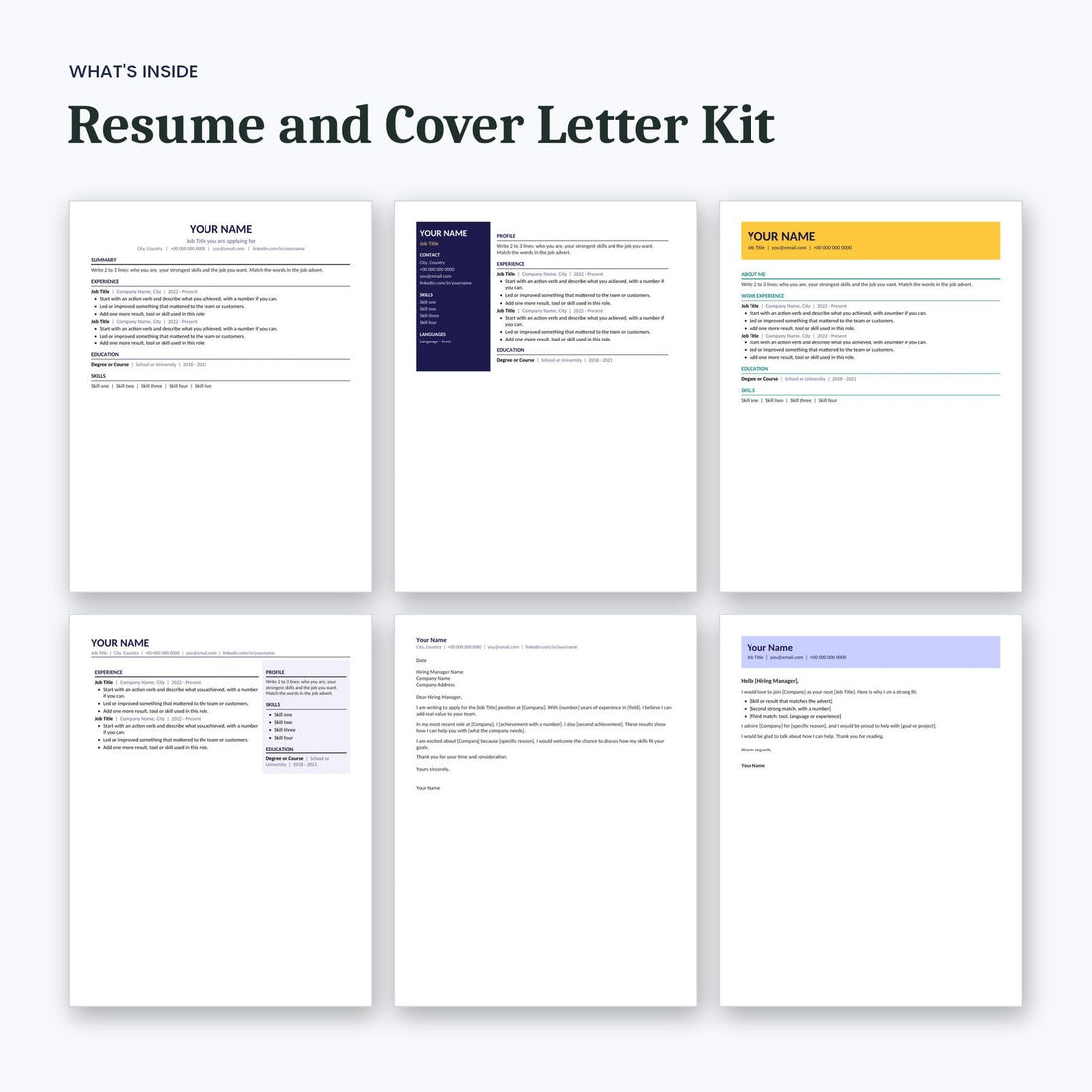 What's inside the Resume and Cover Letter Kit: sample pages