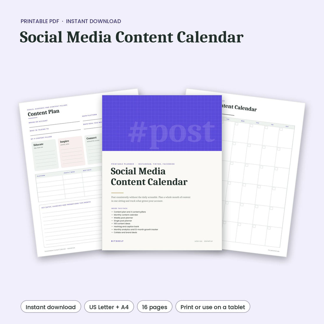 Social Media Content Calendar printable pages preview