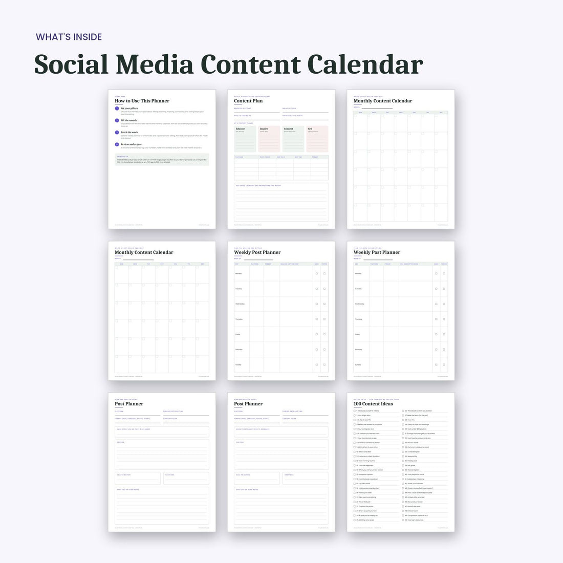 What's inside the Social Media Content Calendar: sample pages