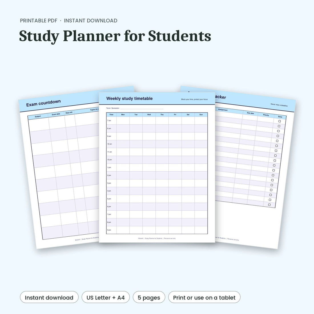 Study Planner for Students printable pages preview