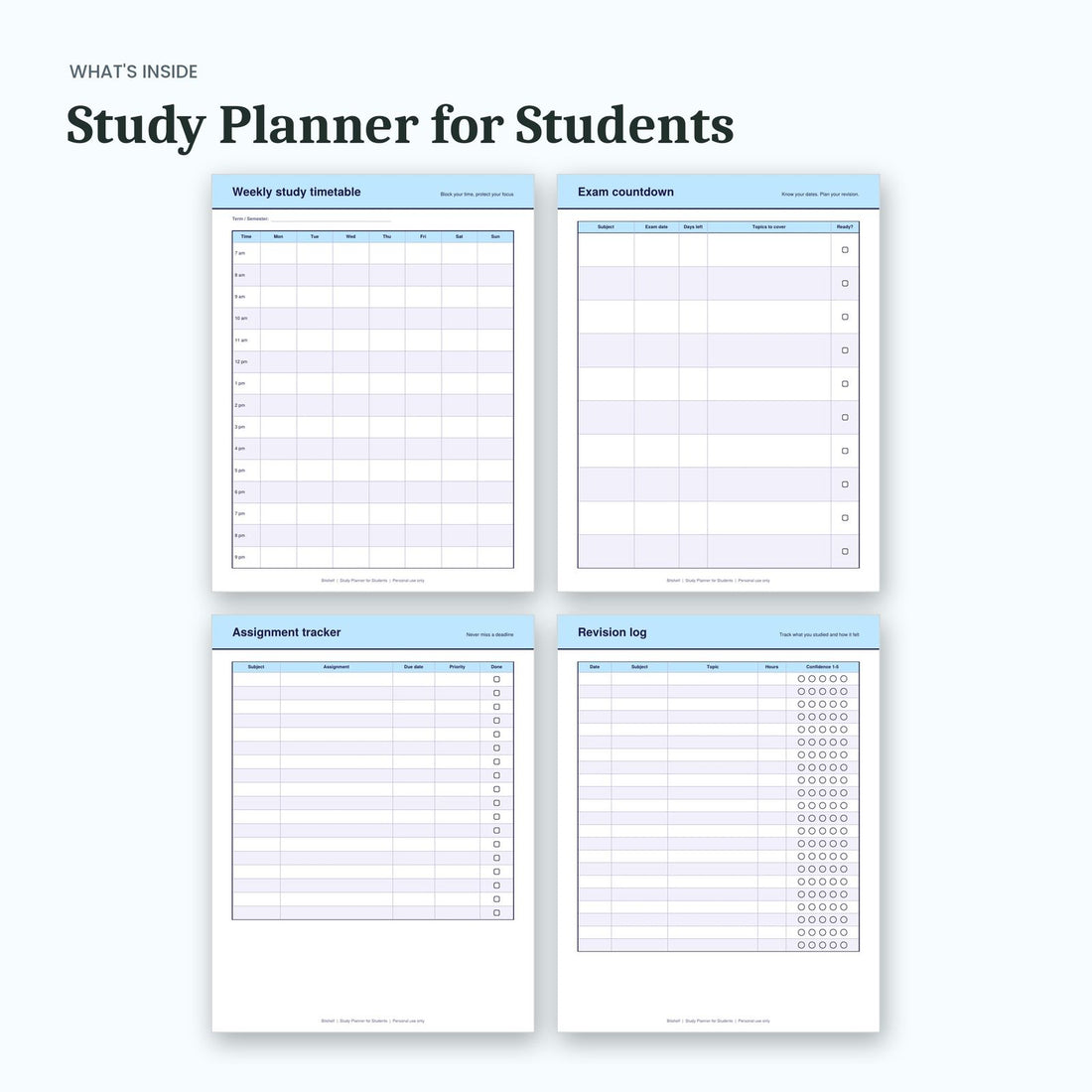 What's inside the Study Planner for Students: sample pages