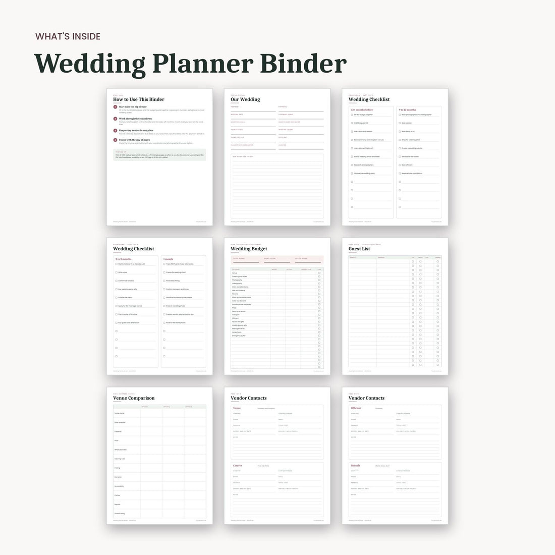 What's inside the Wedding Planner Binder: sample pages