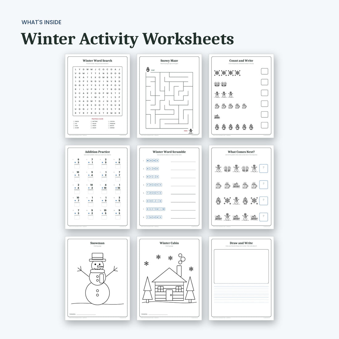 What's inside the Winter Activity Worksheets for Kids: sample pages