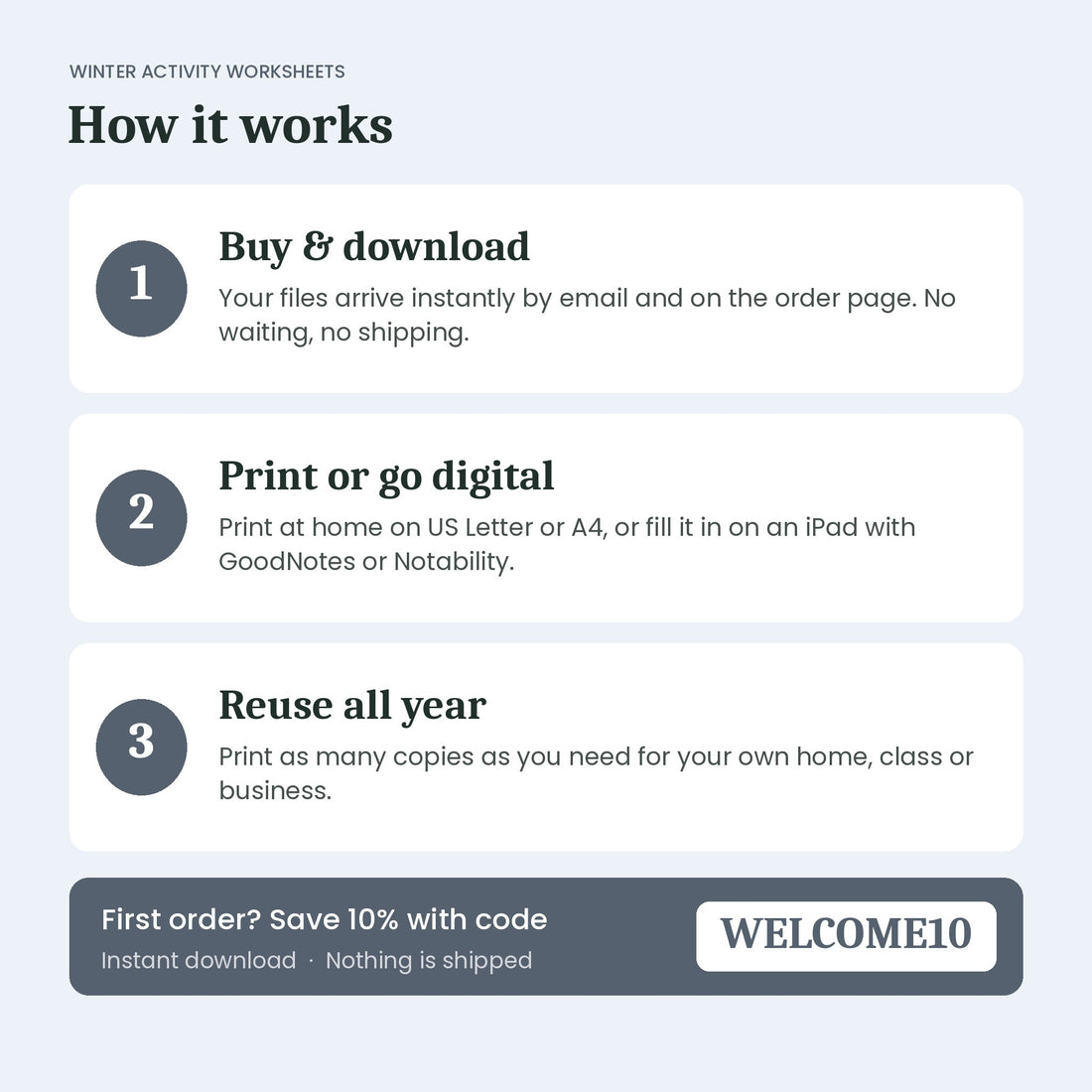 How the Winter Activity Worksheets for Kids instant download works