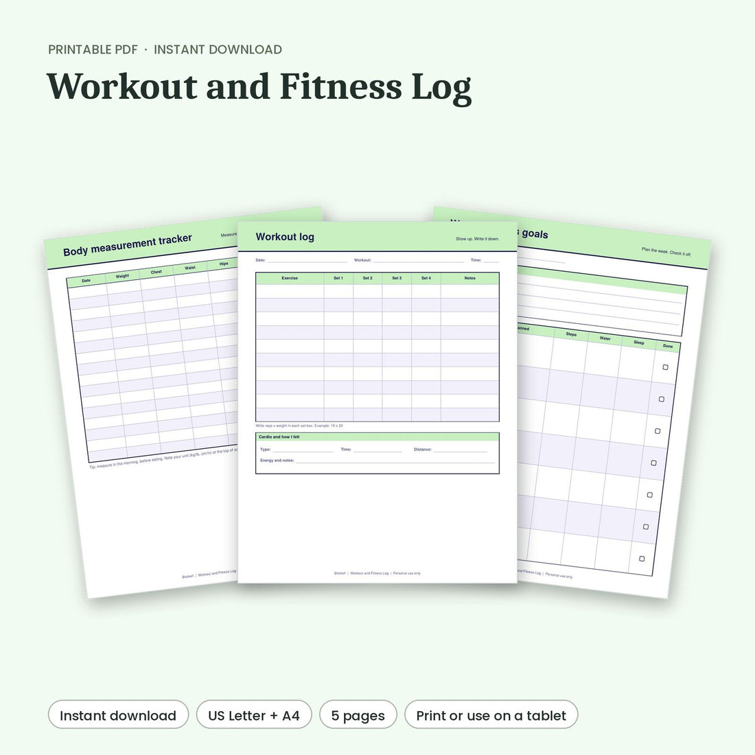 Workout and Fitness Log printable pages preview