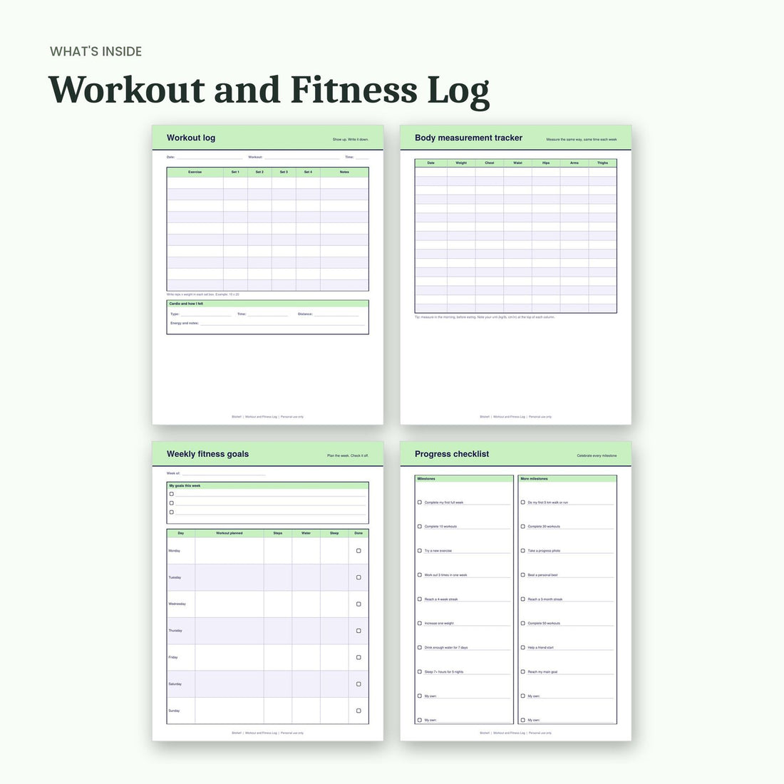 What's inside the Workout and Fitness Log: sample pages